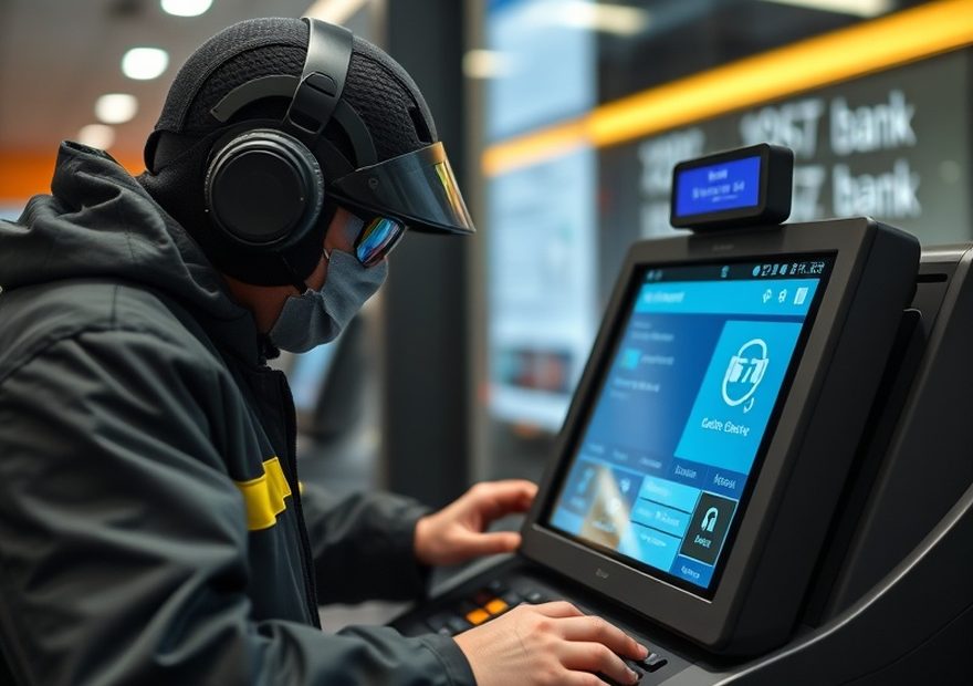 Specialist inspecting the card reader of an ATM